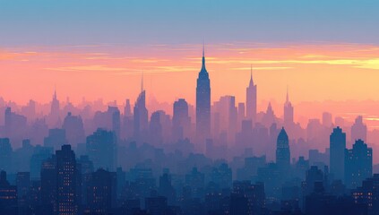A hazy, stylized cityscape at sunrise/sunset, showing a skyline with varying building heights, rendered in muted pastel tones