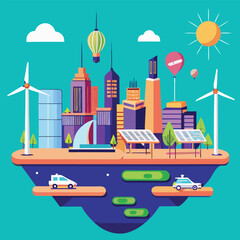 Obraz premium Futuristic Eco City Vector Skyline with Renewable Energy and Flying Cars — Isometric Design