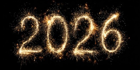 Sparkling firework numbers "2026" on black background
