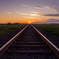 Obraz premium Railroad tracks are disappearing into the sunset light.