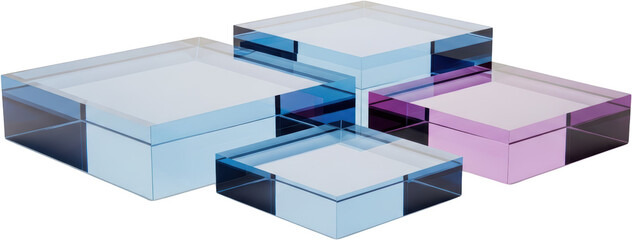 Transparent geometric blocks in blue and purple shades with reflections and sharp edges isolate abstract transparent background