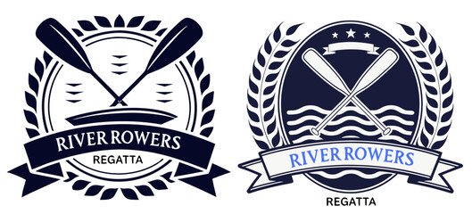 River Rowers Regatta Logo Set with Oars, Laurel Wreaths, and Nautical Elements for Water Sports and Rowing Club Branding