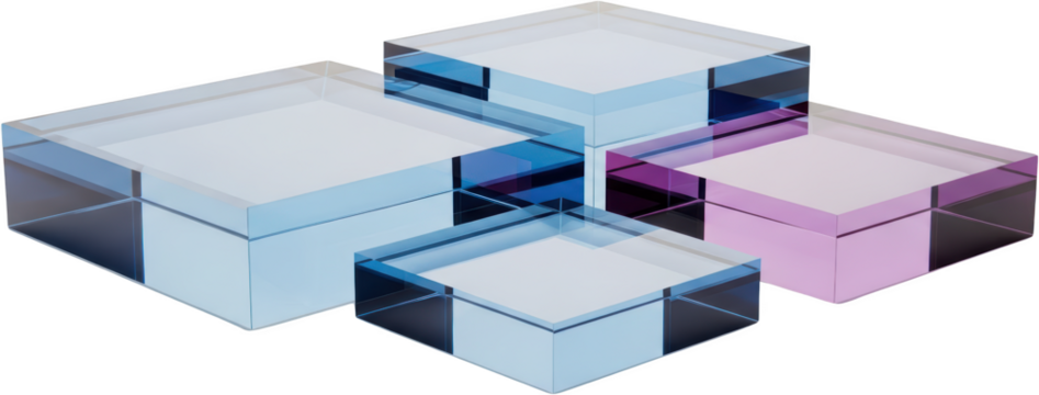 Transparent geometric blocks in blue and purple shades with reflections and sharp edges isolate abstract transparent background - Powered by Adobe