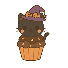 Black Cat Cupcake with Witch Hat – Cute Halloween Vector