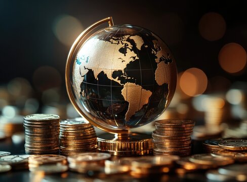 Golden globe sits on stacks of coins, representing global finance and wealth.