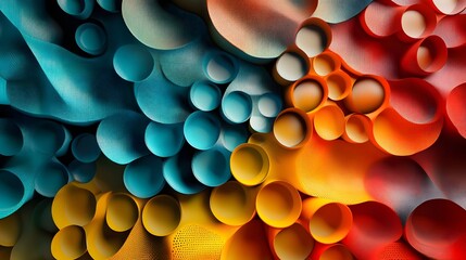 3D render of overlapping, textured circles in teal and terracotta, creating an abstract pattern.