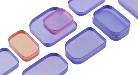 Rounded rectangular panels with translucent surfaces in purple pink and orange hues against a dark backdrop transparent background