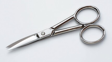 Obraz premium Thin mustache scissors with sharp ends and shiny surface, placed on a bright white background