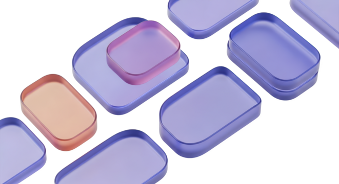 Rounded rectangular panels with translucent surfaces in purple pink and orange hues against a dark backdrop transparent background