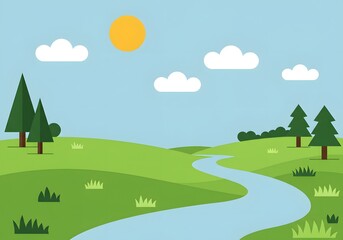 Fototapeta premium Idyllic countryside scenery with a river flowing through rolling green hills under a sunny sky. Flat vector art.