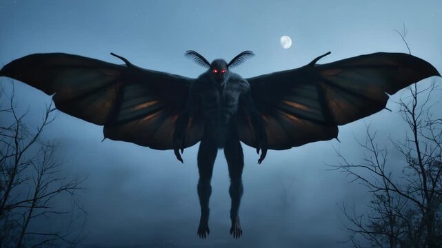 Mysterious creature with large wings soaring through a starlit night sky, illuminated by a full moon, creating a haunting and enigmatic atmosphere perfect for fantasy projects