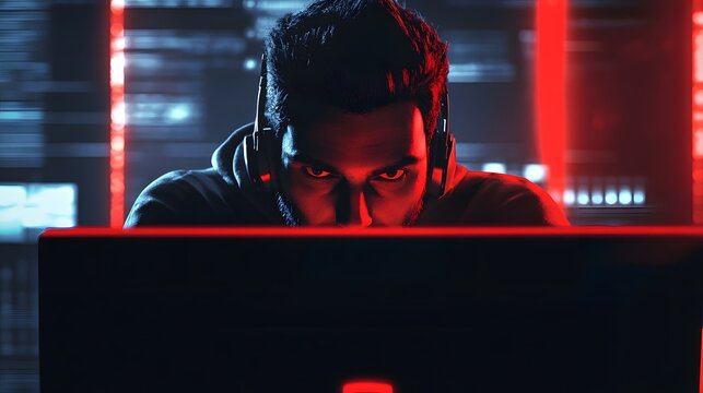 A focused gamer sits intently in front of a computer, illuminated by vibrant red lights. The scene captures the intensity of modern gaming and the digital age.