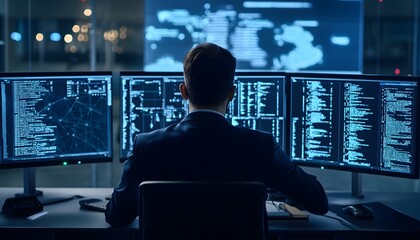 A focused individual analyzes data on multiple screens in a modern office setting