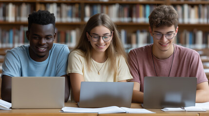 Three multi ethnic students share a light-hearted moment while working on their laptops in a library.