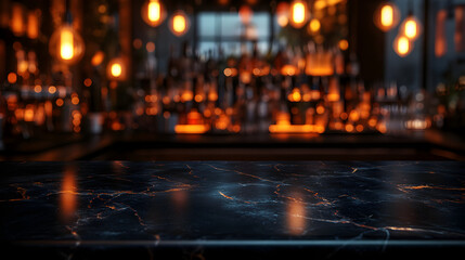 Obraz premium Elegant black marble bar counter mockup with empty space for product placement, set against a blurred upscale restaurant background, perfect for beverage and luxury branding visuals
