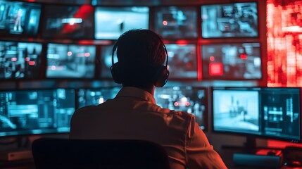 A focused individual wearing headphones monitors multiple screens displaying various data feeds in a dark, high-tech control room environment, surrounded by colorful ambient lights