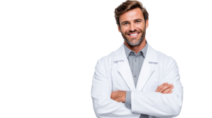 Smiling male doctor in white coat with arms crossed, isolated on white background.