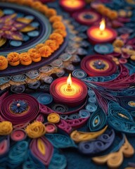 Close-Up Paper Quilling Diwali Rangoli with Marigold and Lit Diyas