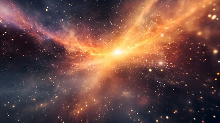 Digital illustration of a vibrant nebula with intense orange and pink hues, radiating against a black space background.
