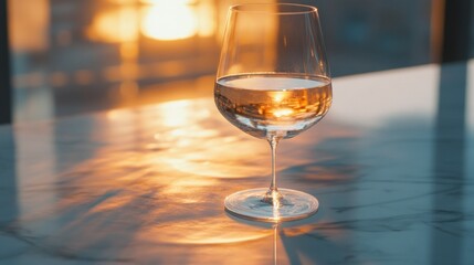 Obraz premium Golden Hour Reflections: Wine Glass Elegance on Marble Surface