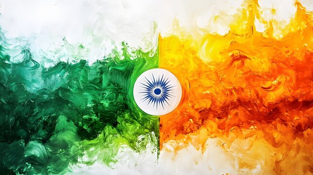 Digital illustration of the Indian flag with dynamic, abstract wave patterns in green and orange.