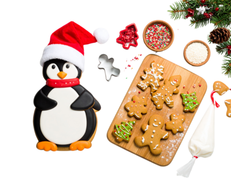 Penguin in Santa Hat Decorating a Giant Cookie with Icing, Tabletop View, Playful Holiday Scene, Isolated