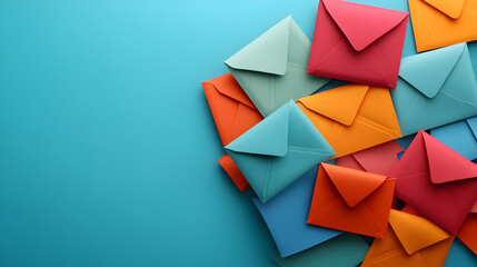 Flat lay of assorted colorful paper envelopes on vivid blue surface with empty text space, ideal for office supply advertising, postal service promotions, and greeting card design