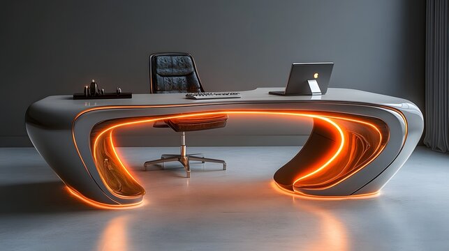 A futuristic office setup showcases a modern desk with unique lighting, complemented by an ergonomic chair and laptop against a neutral gray backdrop inside.