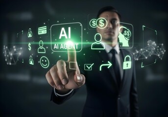 Businessman interacting with curved holographic AI Agent interface filled with technology and communication icons, symbolizing AI AGI ASI intelligent automation