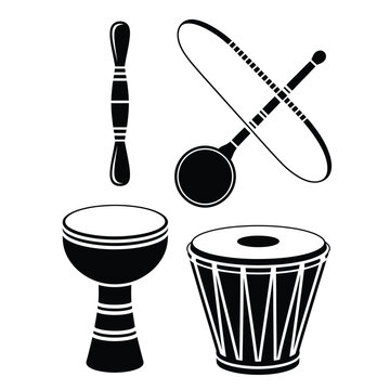 Black and white vector set of Brazilian capoeira instruments including berimbau bow, caba&ccedil;a, coin stone, shaker, and rhythm drum