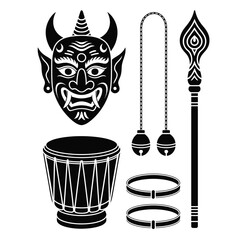 Black and white vector set of Sri Lankan devil dance props including carved mask, hand drum, waist bells, ankle straps, and ritual staff