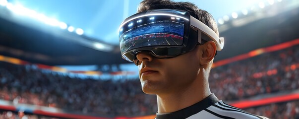 A man wearing virtual reality glasses, fully immersed in a digital sports experience, showcasing the intersection of technology and entertainment in modern sports.