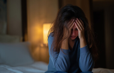 A woman sitting on her bed in the morning, looking tired and worried with one hand covering half of her face. She is wearing blue pajamas, and white sheets cover most of her. The room has bright light