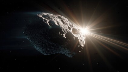 A large, irregularly shaped asteroid in space, backlit by a bright star, creating lens flares and highlighting its rough surface texture