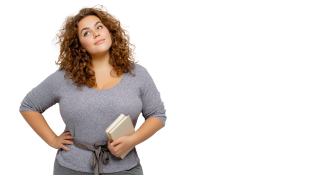 Thoughtful woman with curly hair holding a book, looking up with curiosity and contemplation.