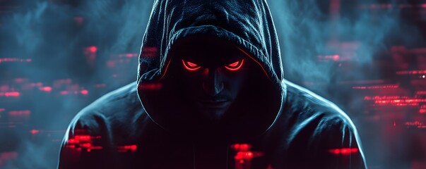 A mysterious figure in a dark hoodie, illuminated by eerie red lights, represents the complexities of technology and cybersecurity in a digital world full of threats and intrigue.