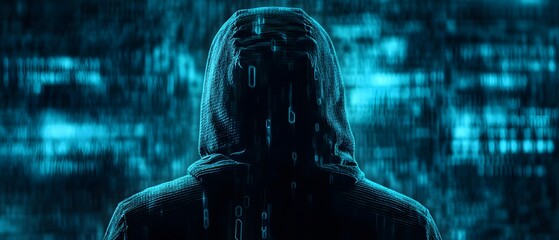 A mysterious figure wearing a hoodie stands against a backdrop of digital code and glowing lines, symbolizing the unknown aspects of the digital world and cybersecurity threats.