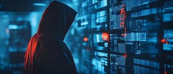 A mysterious figure in a hoodie stands in front of glowing data servers, embodying the intrigue of cybersecurity and digital espionage in a high-tech environment.