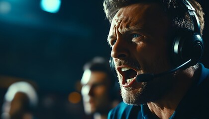 A passionate esports commentator expressing intense emotions while hosting a live gaming event