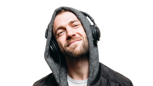 Young man smiling while wearing headphones and a hoodie, expressing enjoyment of music.