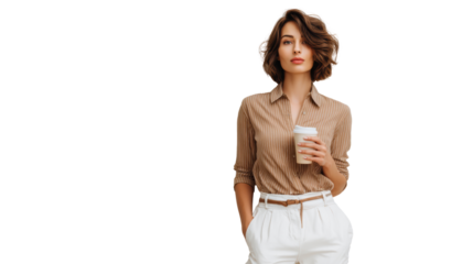 Young woman holding coffee cup in casual outfit, portrait on white isolated background.