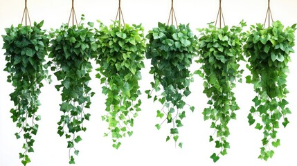 Naklejka premium Five hanging potted plants with lush green leaves cascading down against a white background.