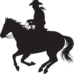 Black Silhouette of a Cowboy Riding a Horse at a Gallop Isolated on White Background