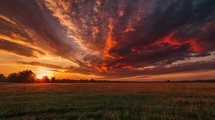 Epic golden hour sunset featuring a dramatic, fiery sky filled with vibrant clouds over a serene rural landscape and a vast green field at dusk.