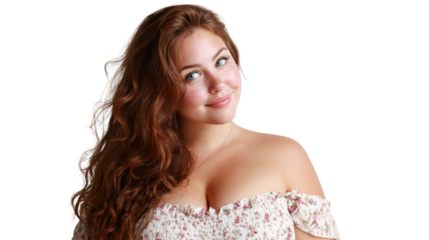 Young woman with long wavy hair wearing a floral dress, smiling softly against a transparent background.