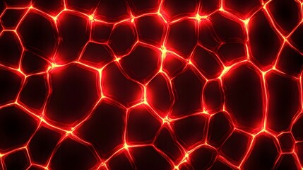 Digital illustration of a dense, glowing red network of interconnected hexagons against a black background.