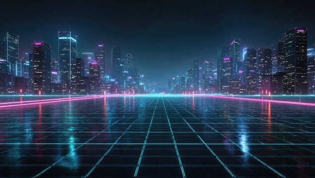 A futuristic cityscape at night, reflected on a gridded, glowing surface with vibrant pink and cyan light trails vanishing into the distance