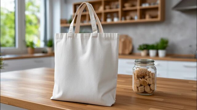 Stylish Foldable Reusable Shopping Bag Resting on Wooden Kitchen Counter with Jars and Natural Light