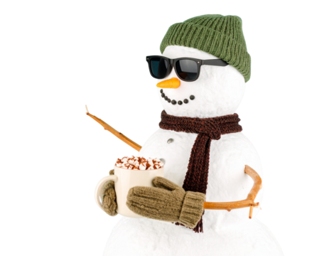 Snowman Wearing Sunglasses and Holding a Hot Cocoa Mug, Relaxed Pose, Isolated