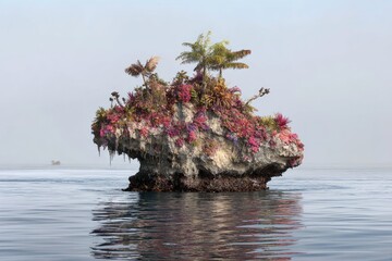 Small, rocky island teeming with vibrant pink and green plants, floats serenely in a calm ocean